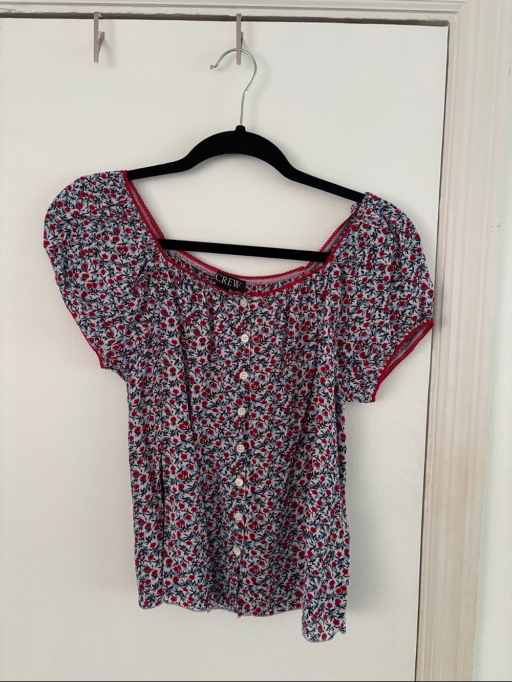 J. Crew Dainty Floral Puffy Cap Sleeve Peasant Top Poppy Crepe De Chine